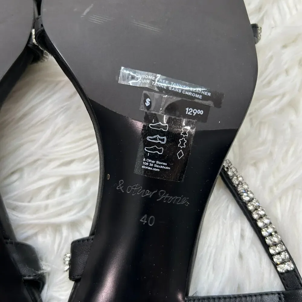 & Other Stories Strappy Heel Heeled Sandal 40 / 9 Black Rhinestone Square Toe